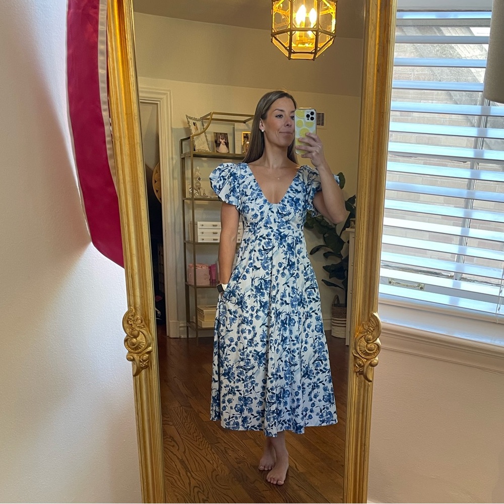 Abercrombie & Fitch Blue Floral Puff Sleeve Plunge MIDI Dress